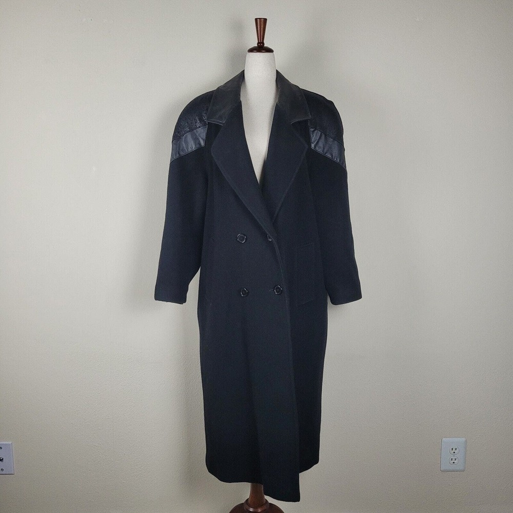 Black Coat‎ Womens XL Wool Blend Long Vintage Leather Trim Double Breasted